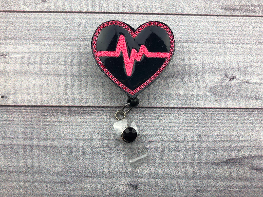 Black EKG Heart Badge Reel