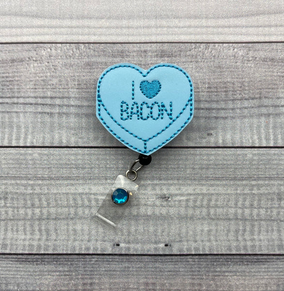 I Love Bacon Candy Heart Badge Reel
